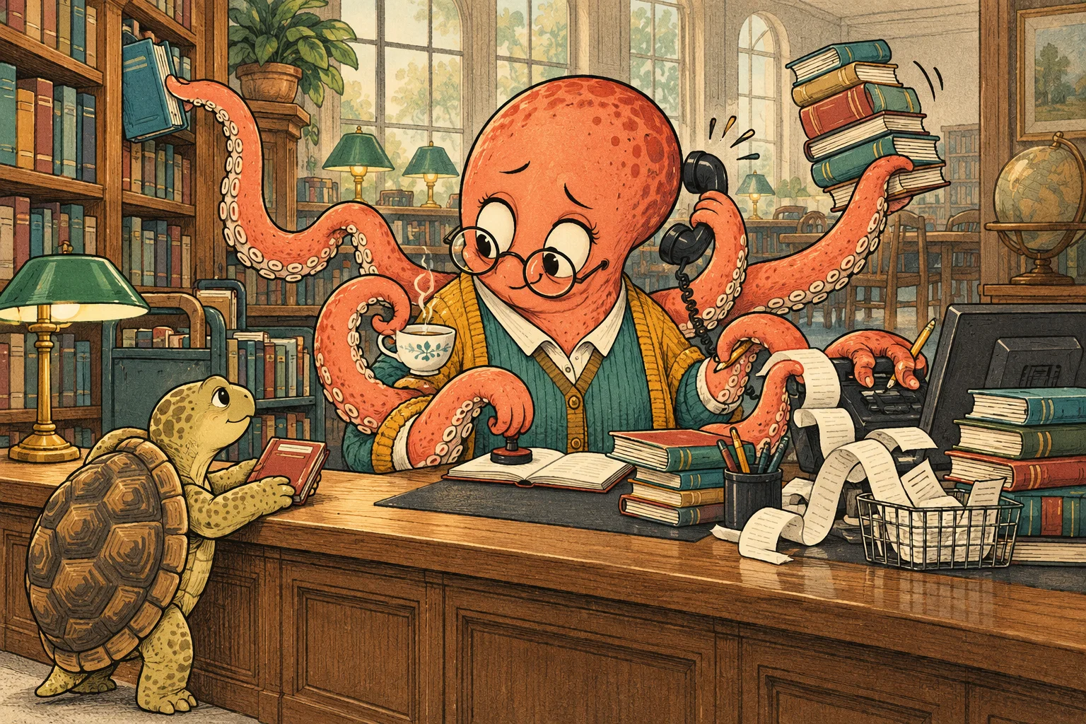 An octopus librarian in a cardigan juggles library tasks behind the circulation desk as a tortoise patron offers a tiny book.