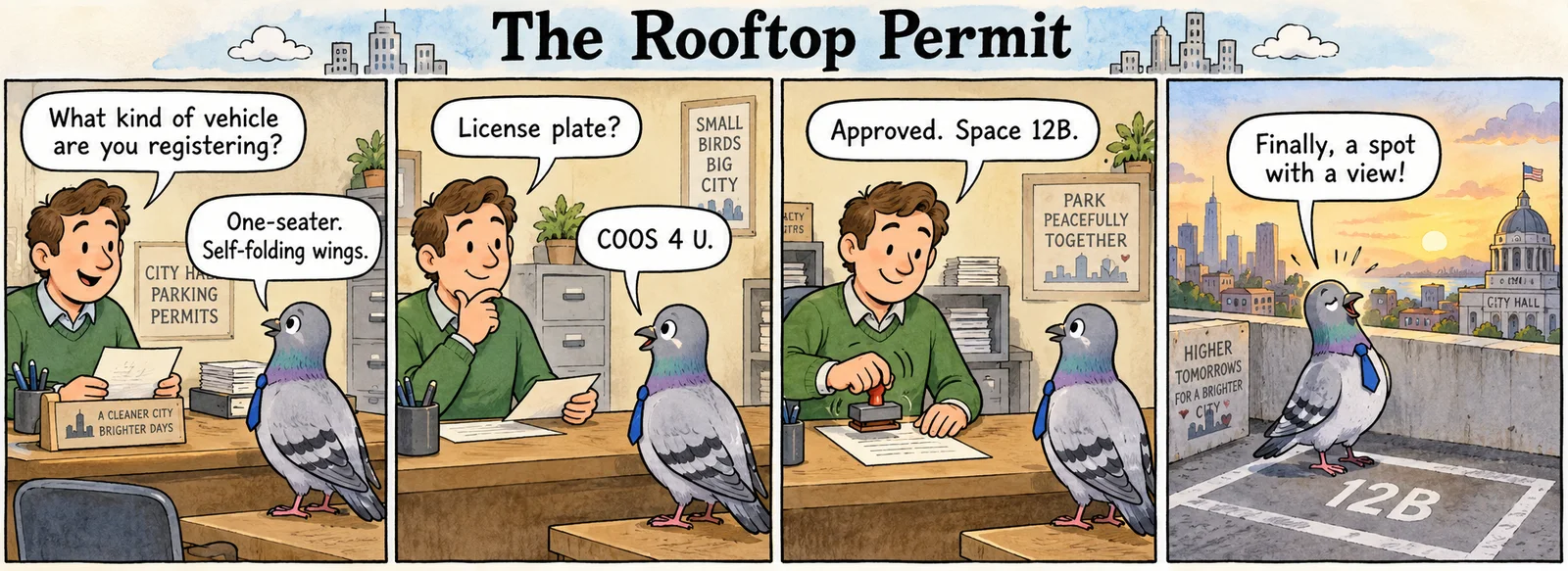 Four-panel comic in which a pigeon receives rooftop parking space 12B from a city parking clerk.