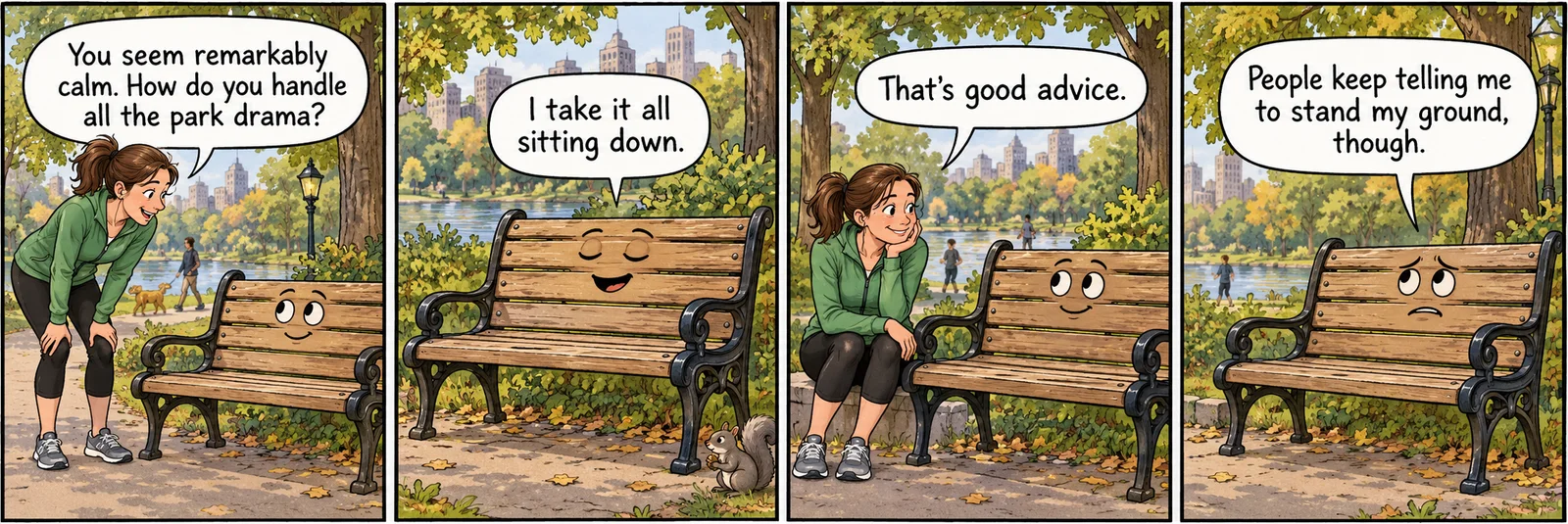 A jogger asks a friendly park bench how it handles park drama. The bench says it takes everything sitting down, then adds that people tell it to stand its ground.