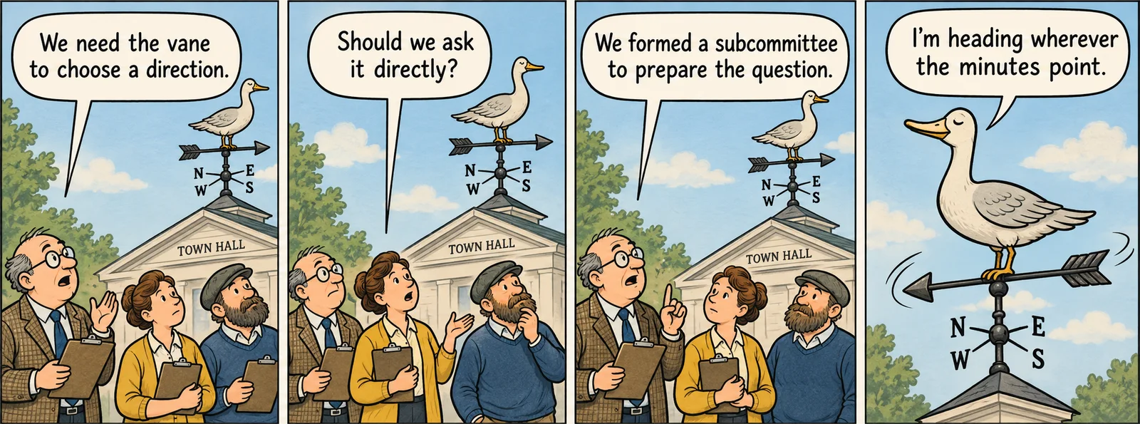 Four-panel comic at town hall: committee members ask a goose-shaped weather vane to choose a direction, form a subcommittee to prepare the question, and hear the vane say, ‘I’m heading wherever the minutes point.’