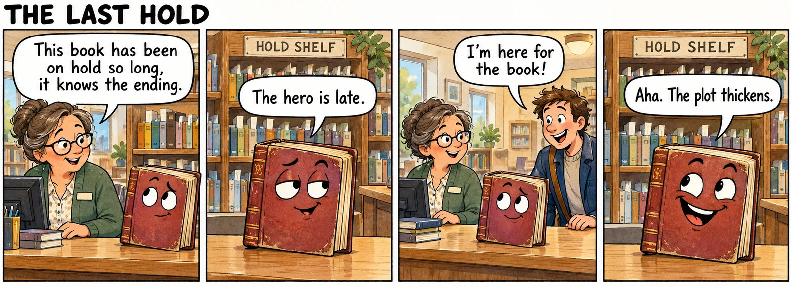Four-panel library comic: a librarian says a held book knows the ending, the book says the hero is late, a patron arrives, and the book replies, ‘Aha. The plot thickens.’
