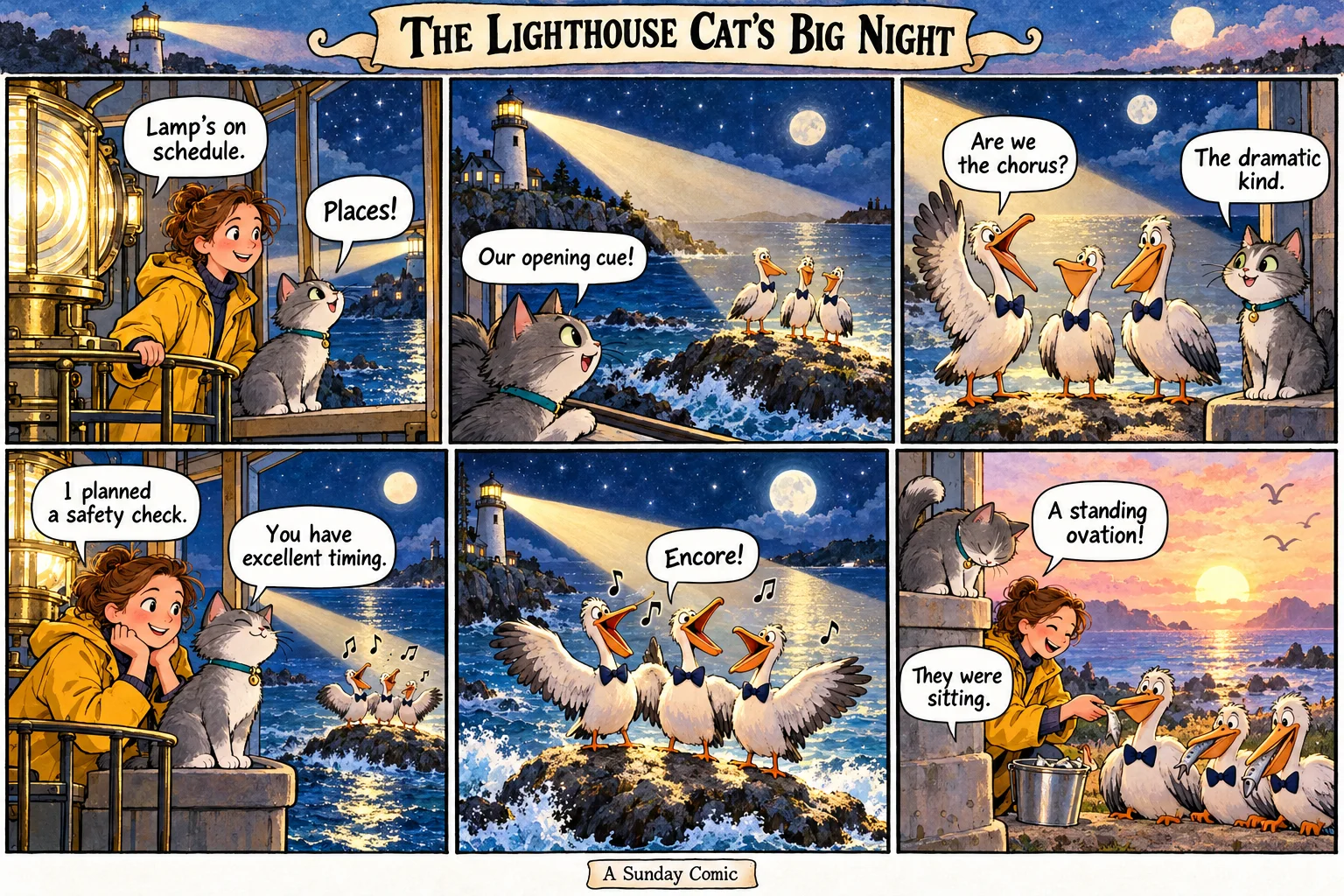 Six-panel Sunday comic: silver-gray lighthouse cat Mica directs three bow-tied pelicans through a moonlit seaside chorus while keeper Bea enjoys the performance.