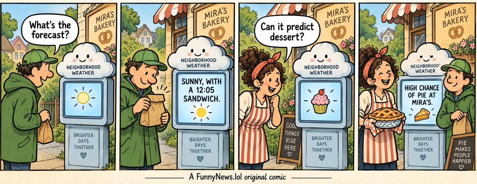 Four-panel newspaper comic: Cal asks a cloud-shaped neighborhood weather kiosk for the forecast. It predicts a 12:05 sandwich, then predicts pie at Mira's bakery after she asks about dessert.